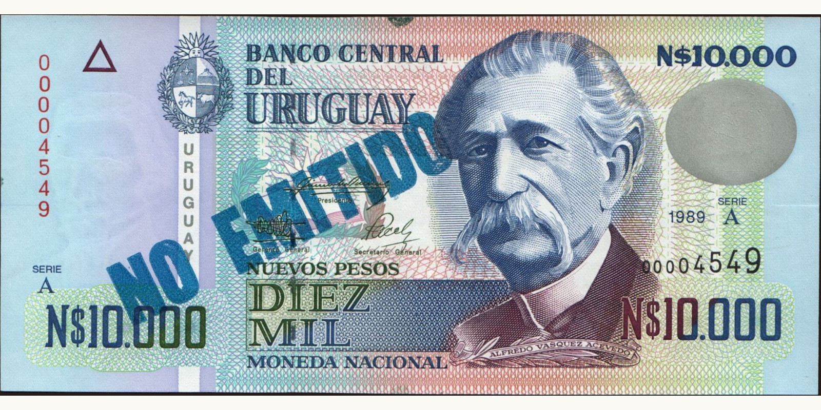 10000 pesos Uruguay 1989 — Front side