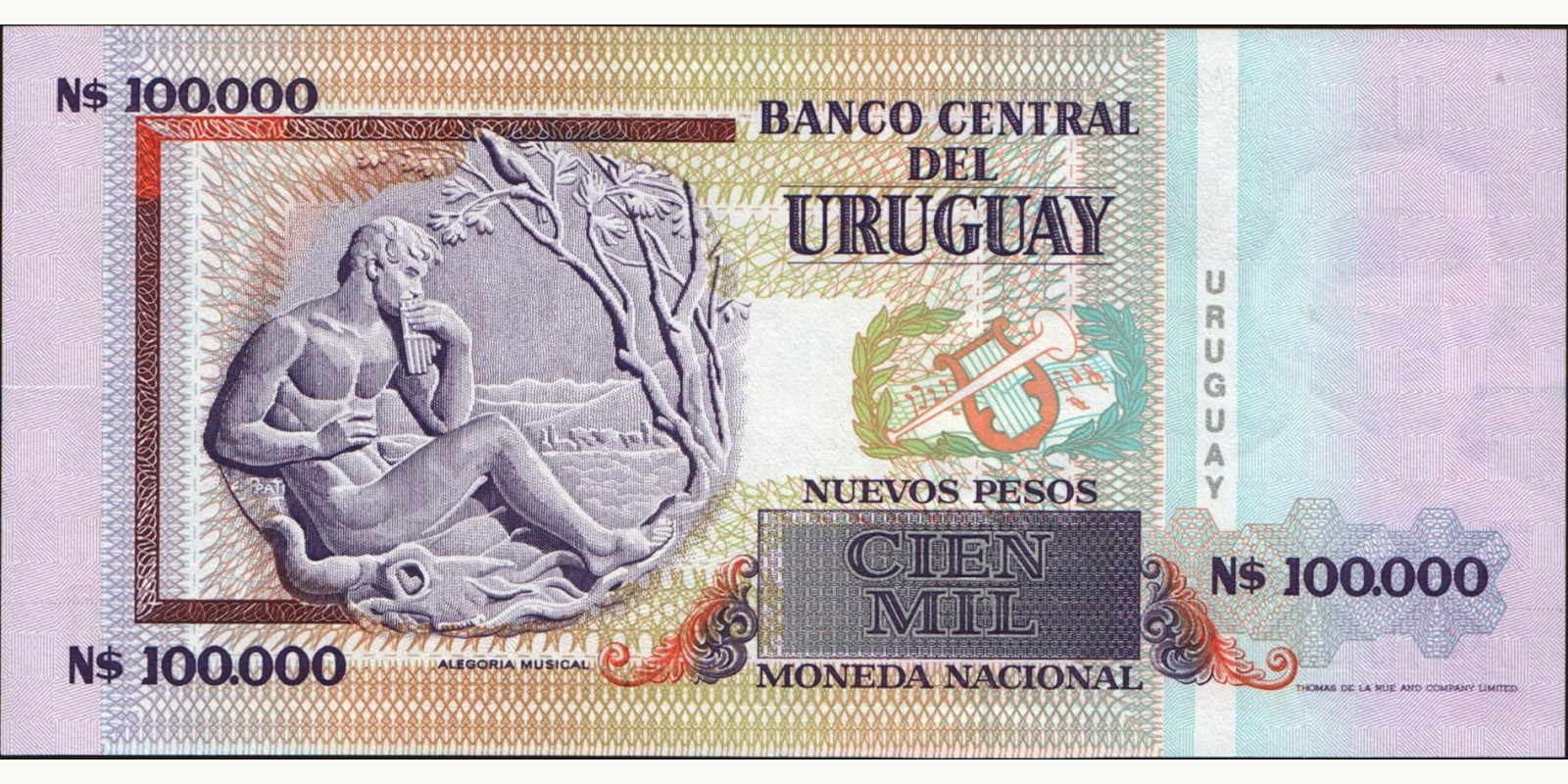 100000 pesos Уругвай 1991 — Оборотная сторона