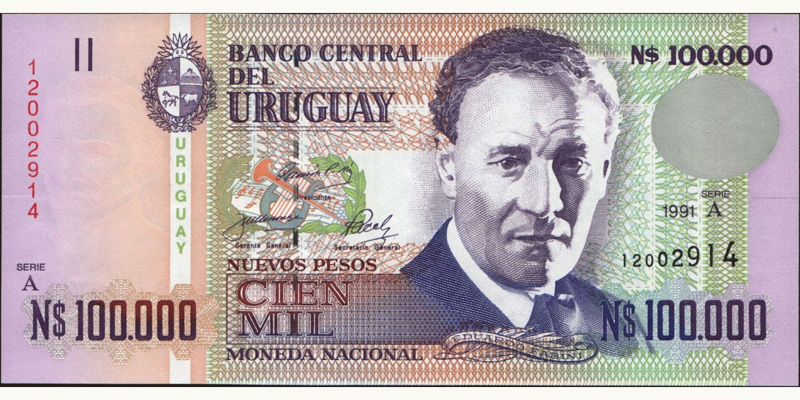 100000 pesos Уругвай 1991 — Лицевая сторона