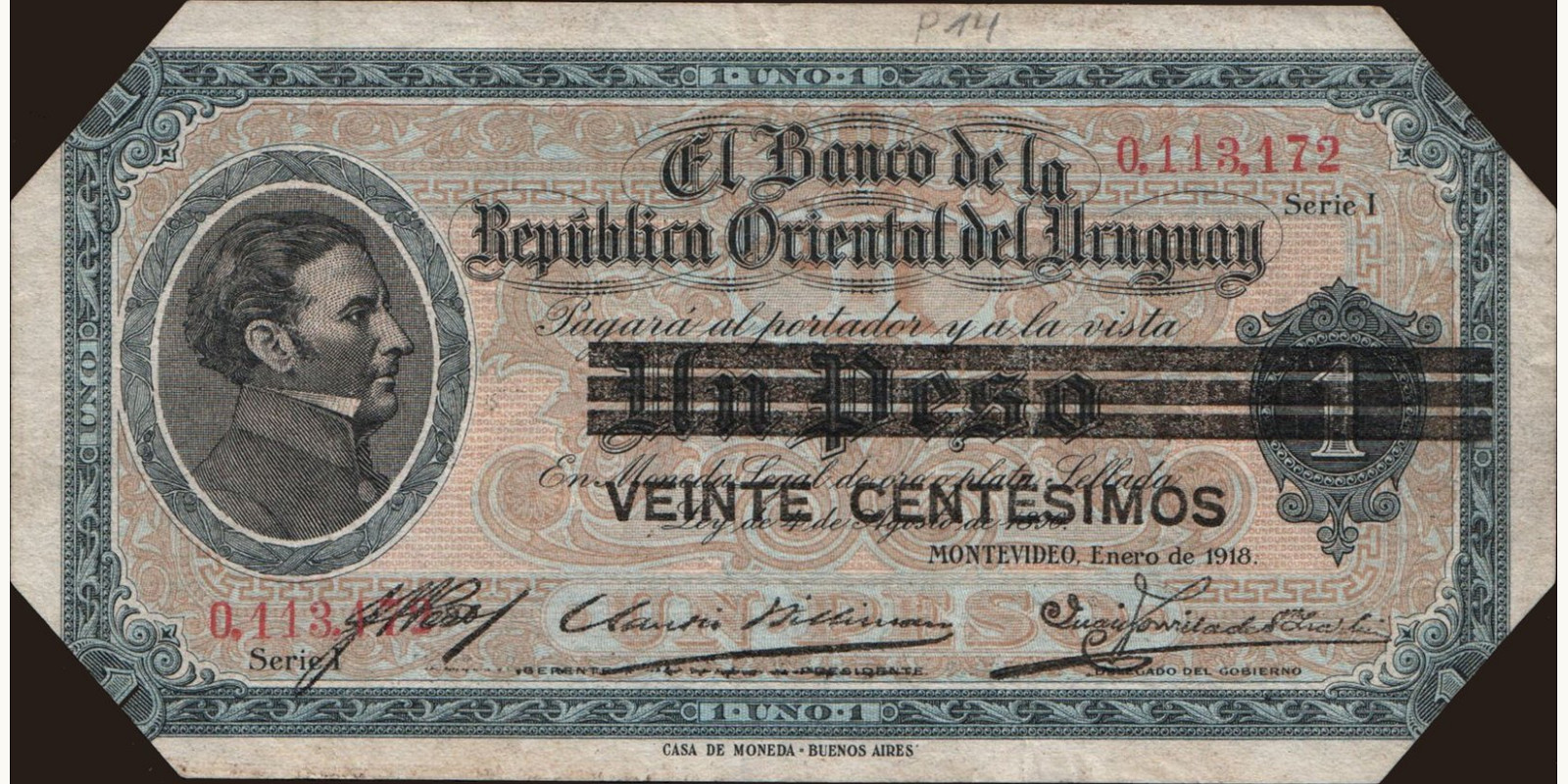 20 centesimos Уругвай 1918 — Лицевая сторона