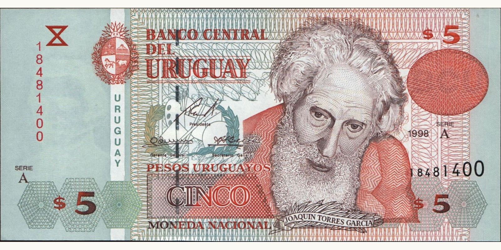 5 pesos Uruguay 1998 — Front side