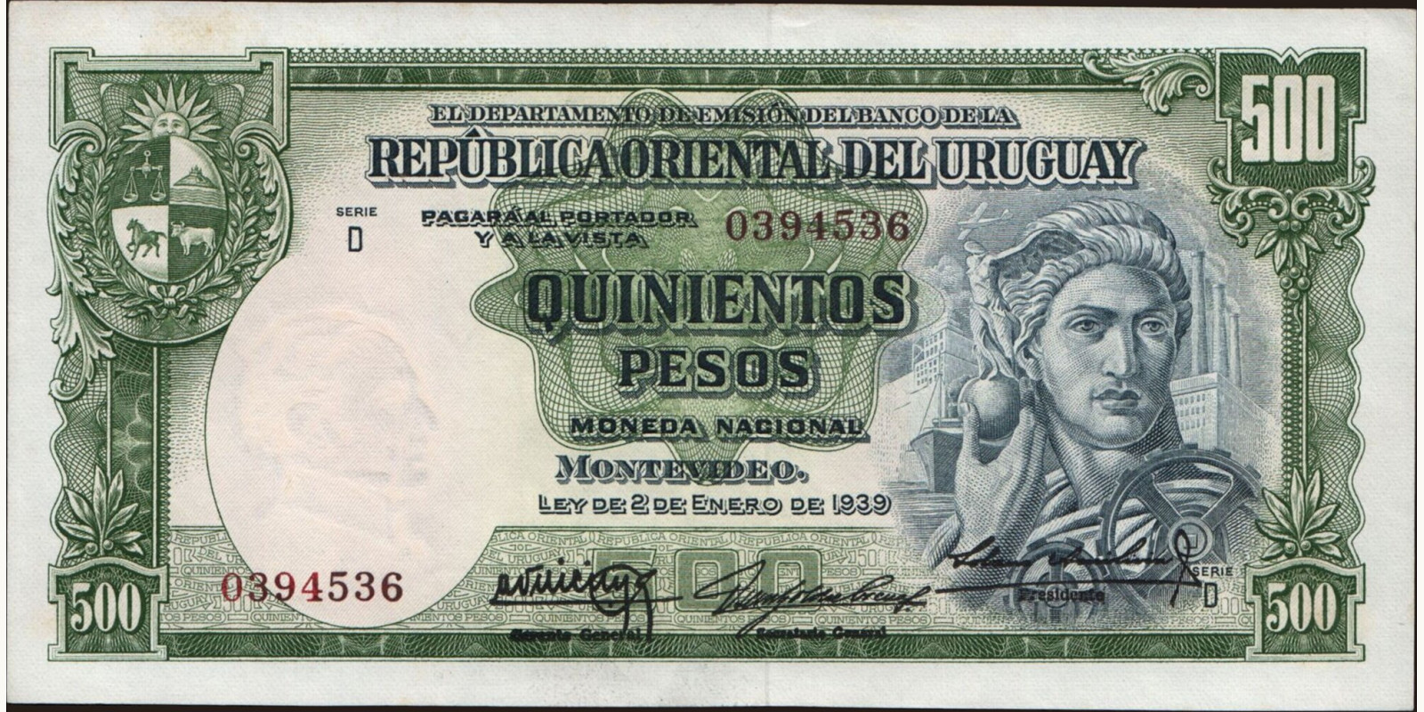 500 pesos Уругвай 1939 — Лицевая сторона