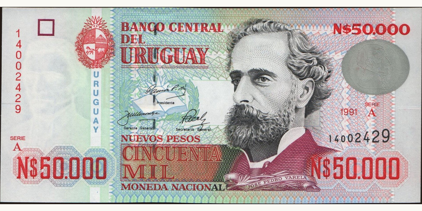 50000 pesos Uruguay 1991 — Front side