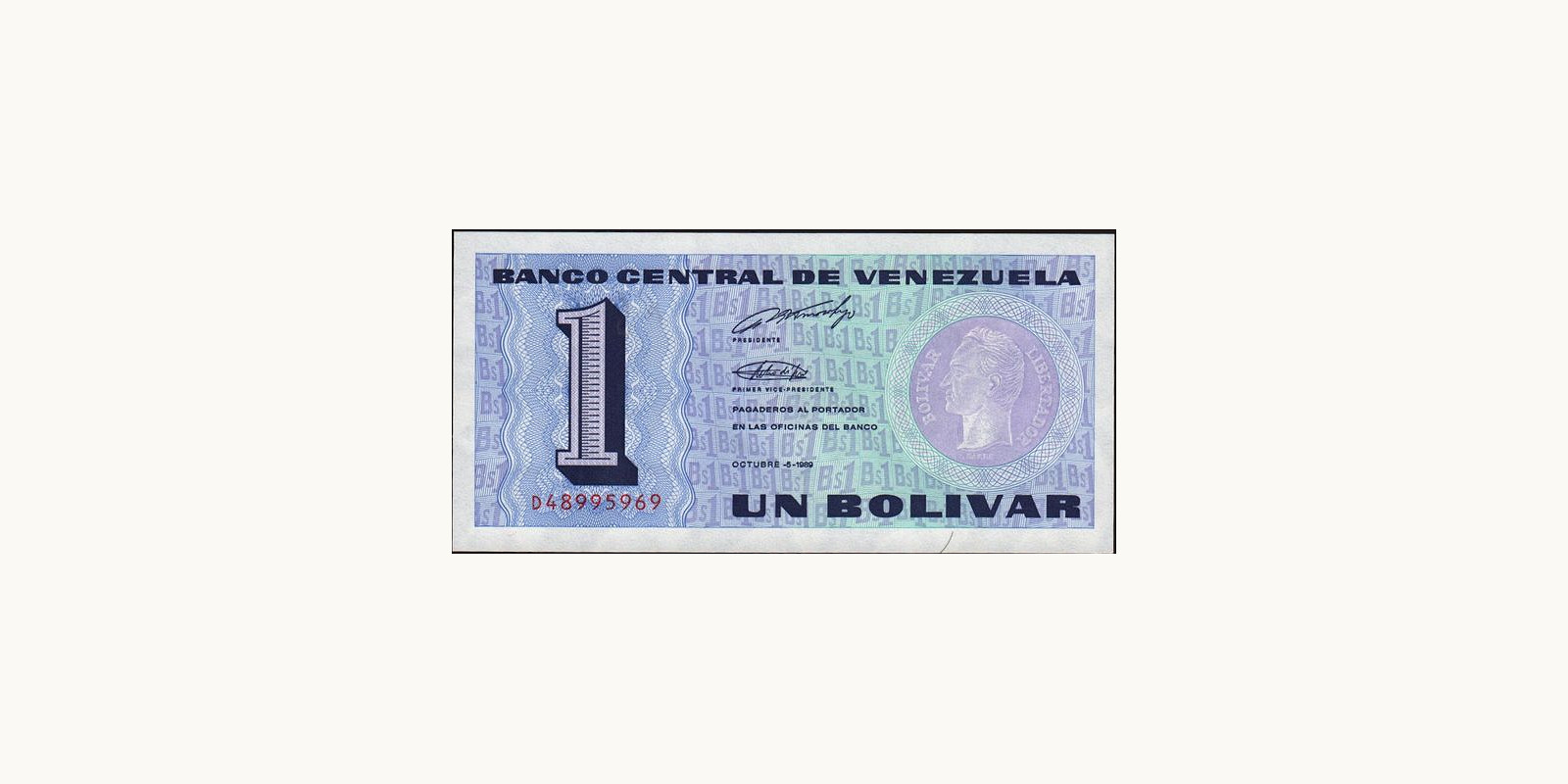 1 bolivars Venezuela 1989 — Front side