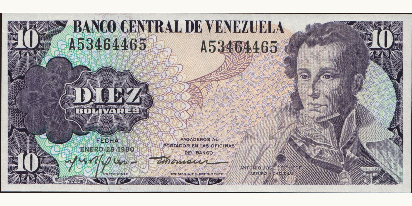 10 bolivars Венесуэла 1980 — Лицевая сторона