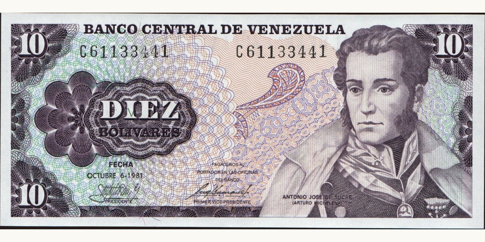 10 bolivars Venezuela 1981 — Front side