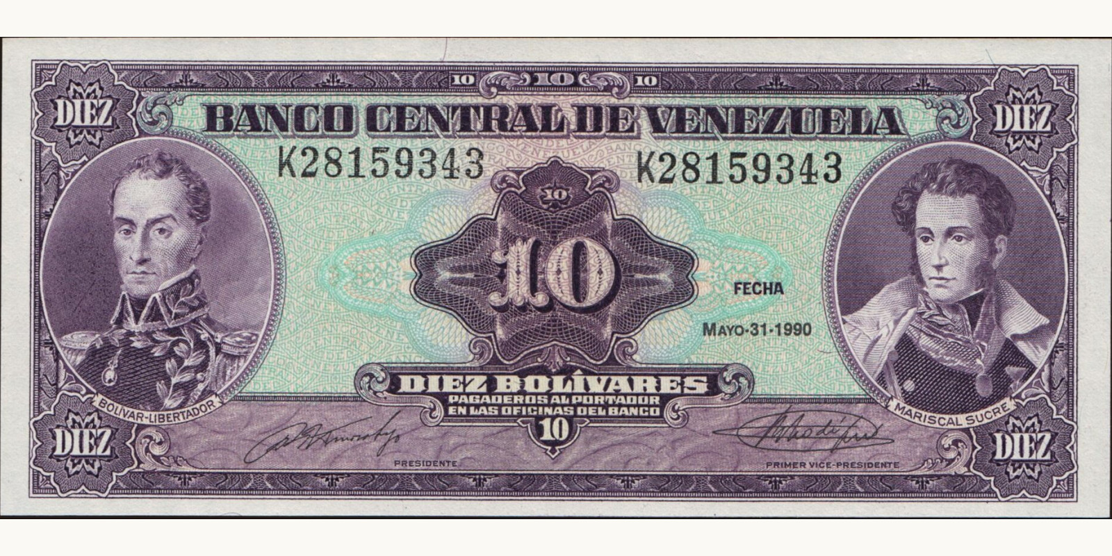 10 bolivars Венесуэла 1990 — Лицевая сторона