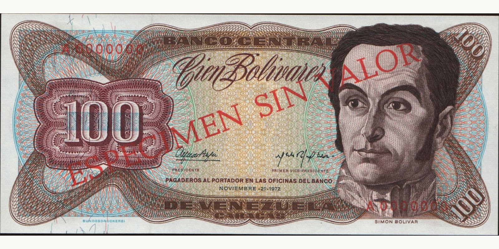 100 bolivars Венесуэла 1972 — Лицевая сторона