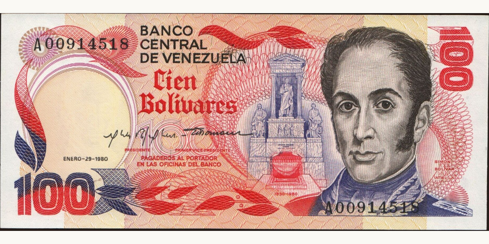 100 bolivars Venezuela 1980 — Front side