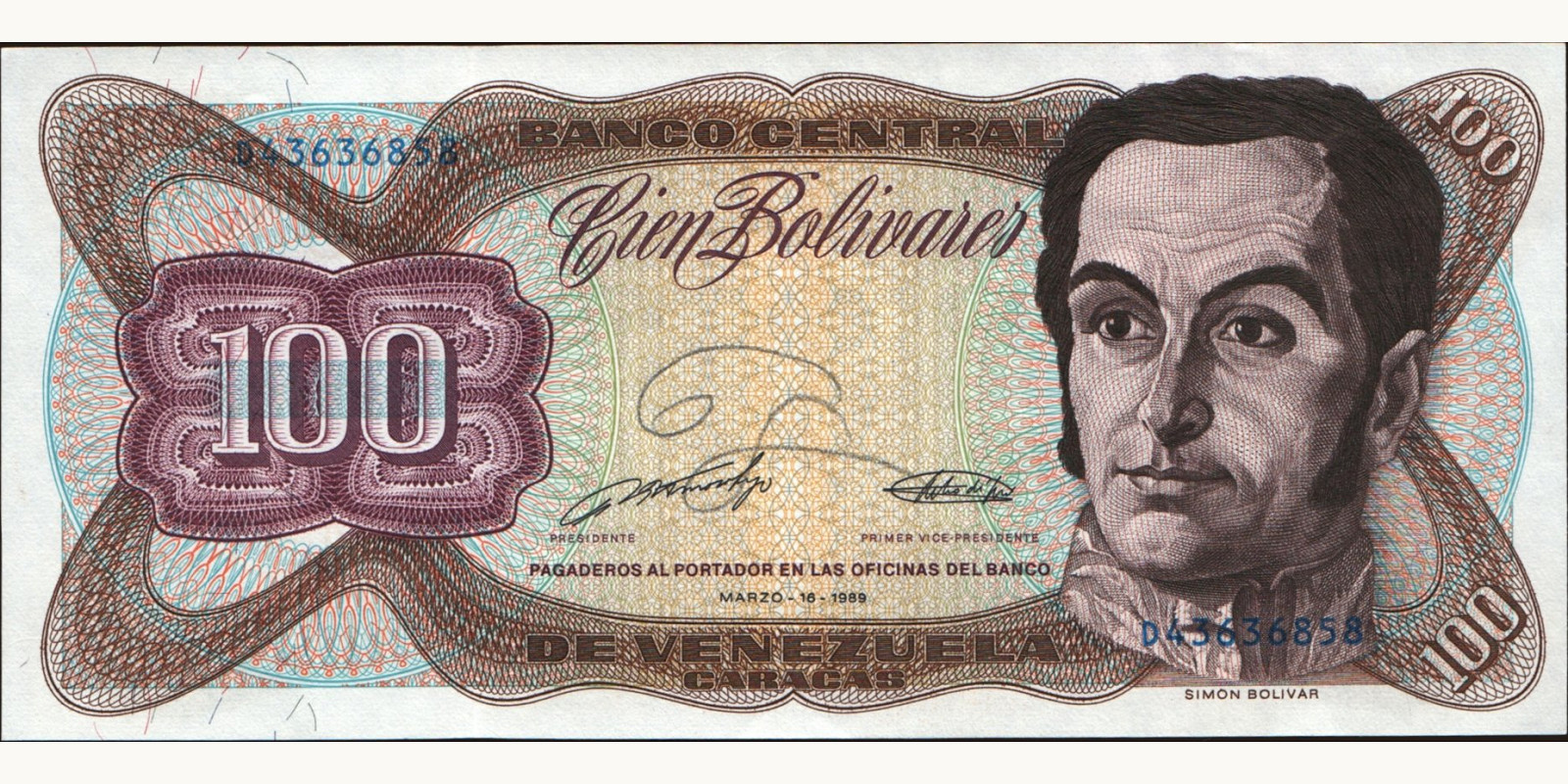 100 bolivars Венесуэла 1989 — Лицевая сторона