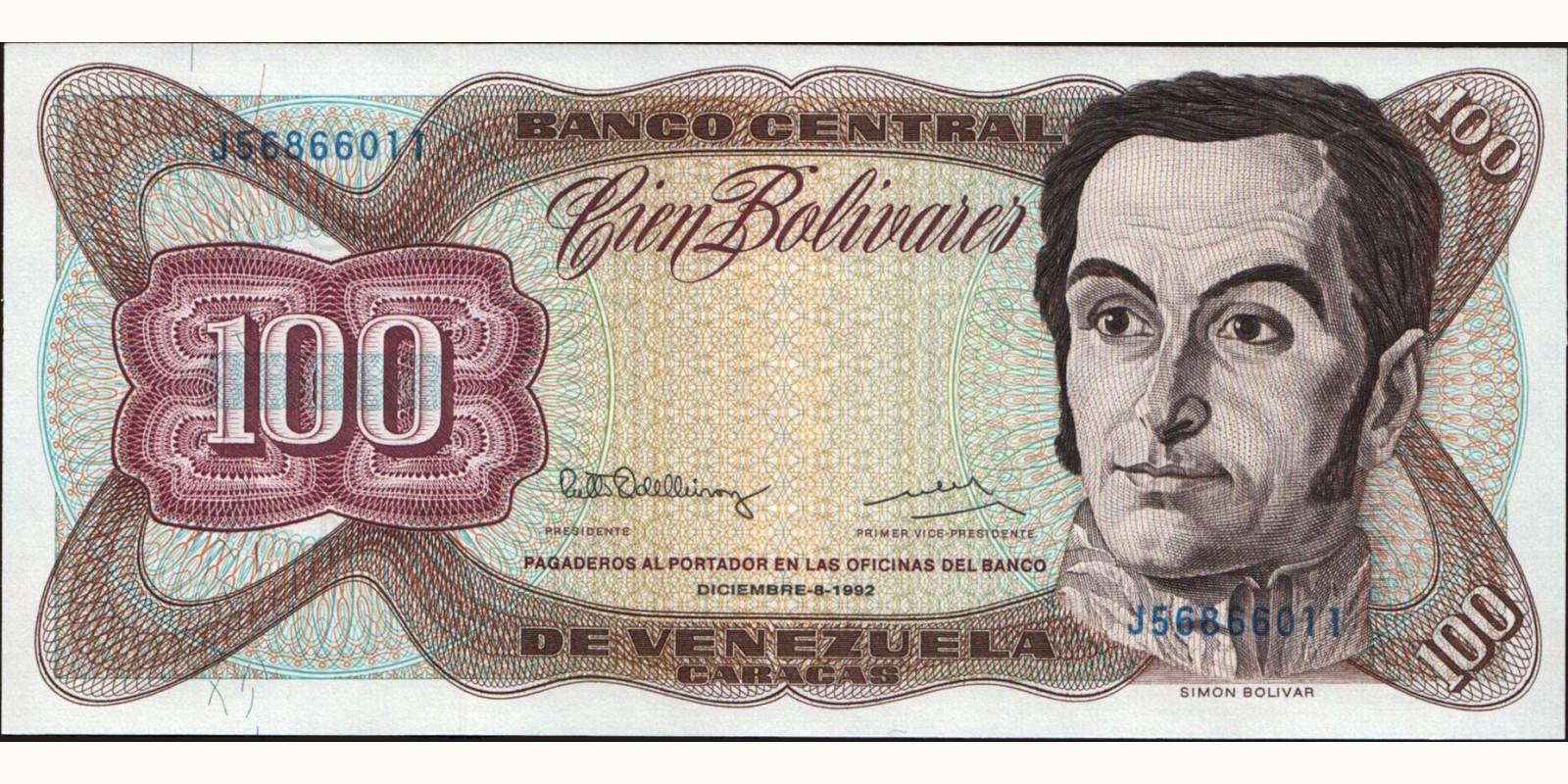 100 bolivars Venezuela 1992 — Front side