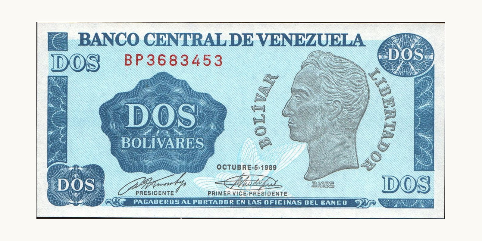 2 bolivars Venezuela 1989 — Front side