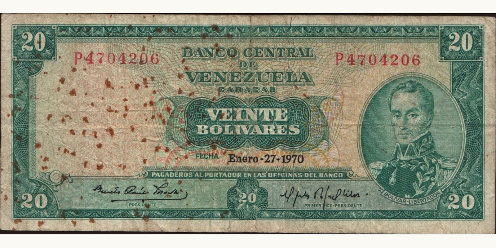 20 bolivars Venezuela 1970 — Front side