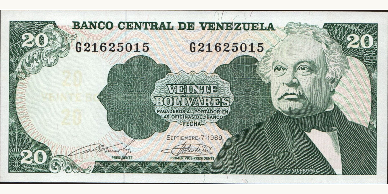 20 bolivars Venezuela 1989 — Front side