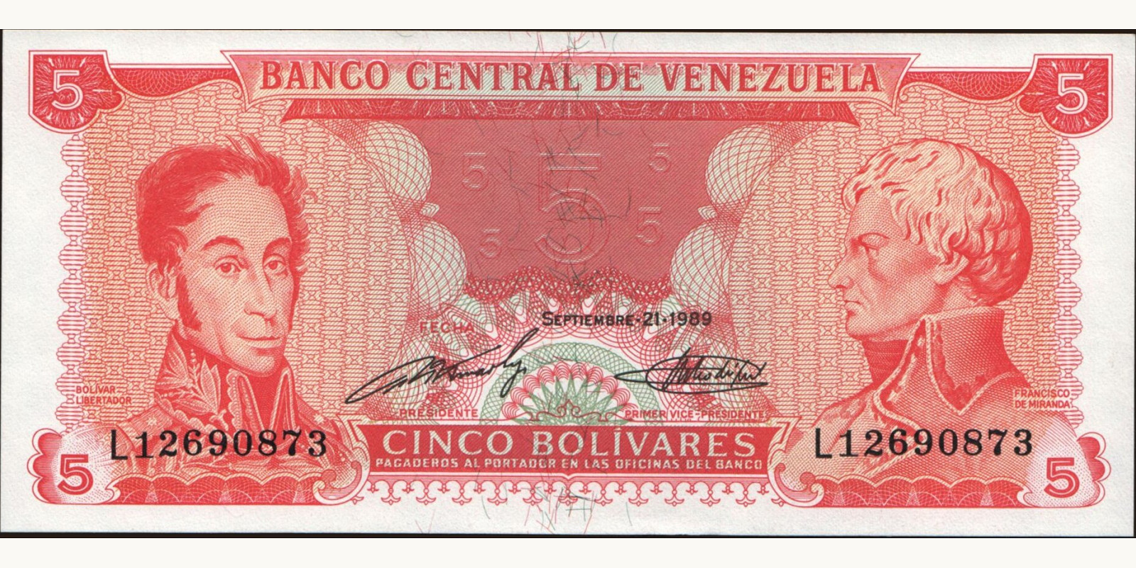 5 bolivars Венесуэла 1989 — Лицевая сторона