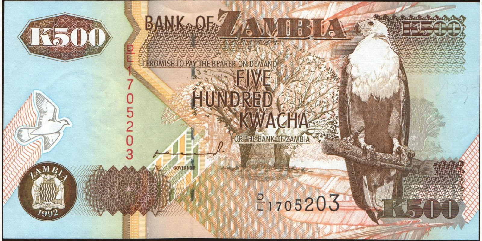 500 kwacha Zambia 1992 — Front side