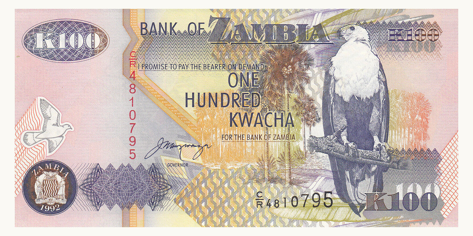 100 kwacha Замбия 1992 — Лицевая сторона