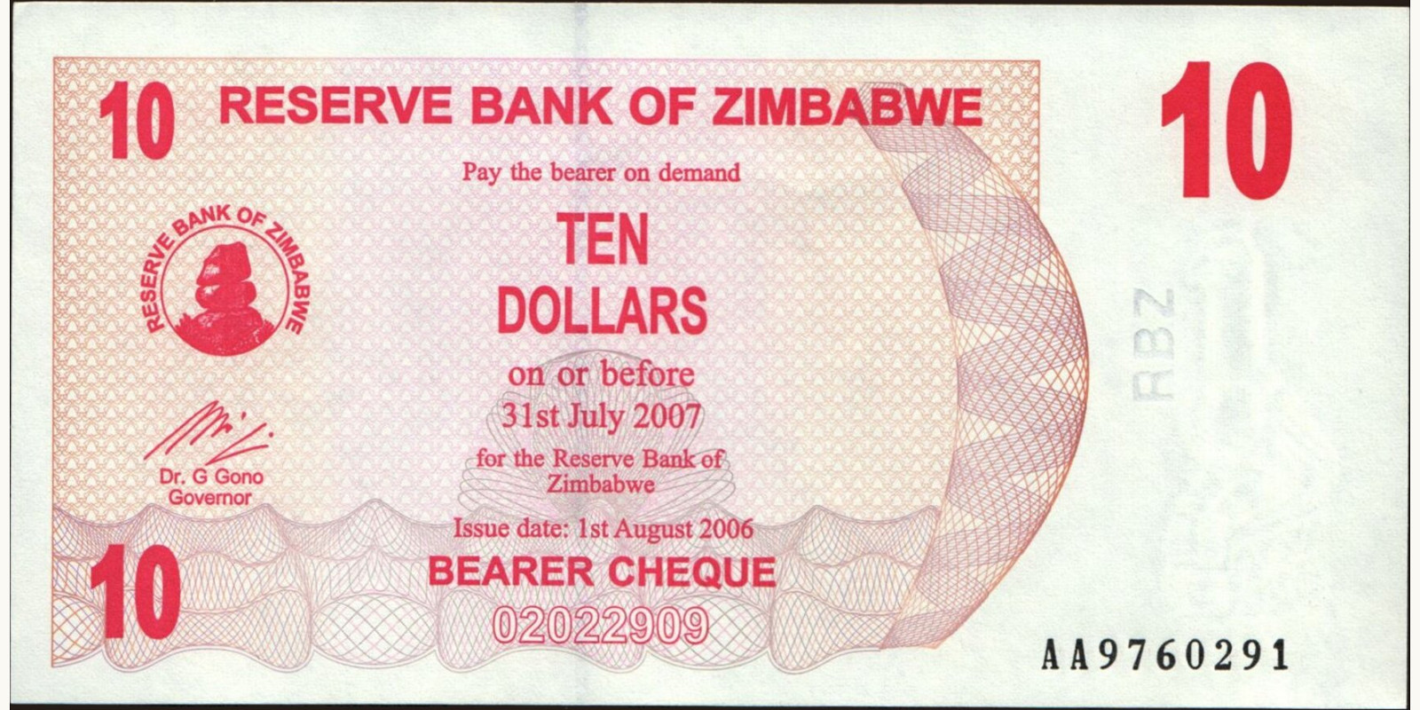 10 dollars Зимбабве 2006 — Лицевая сторона