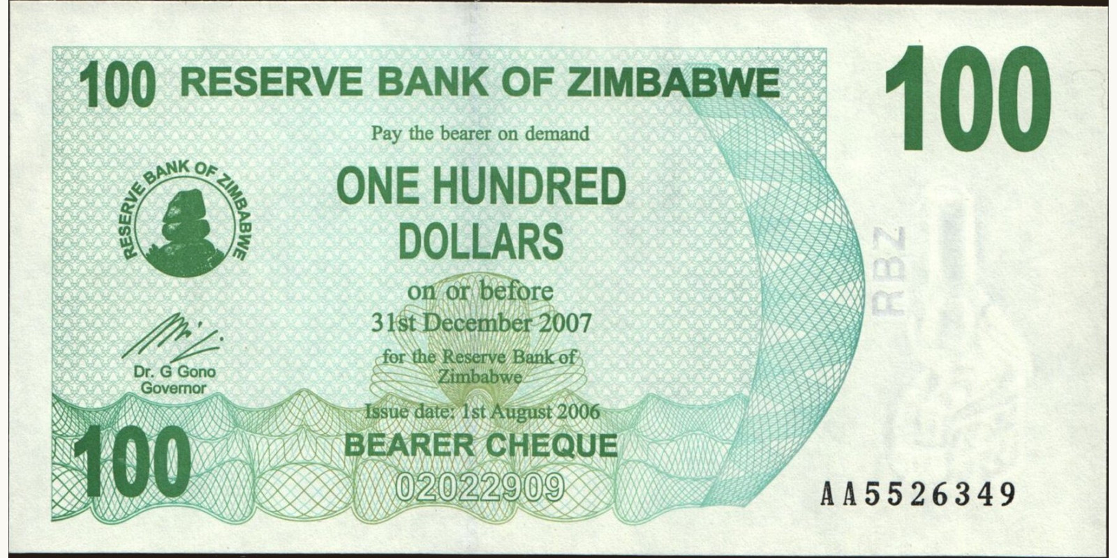 100 dollars Zimbabwe 2006 — Front side