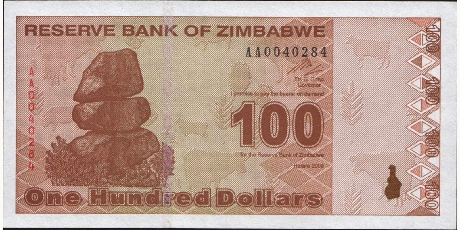 100 dollars Zimbabwe 2009 — Front side