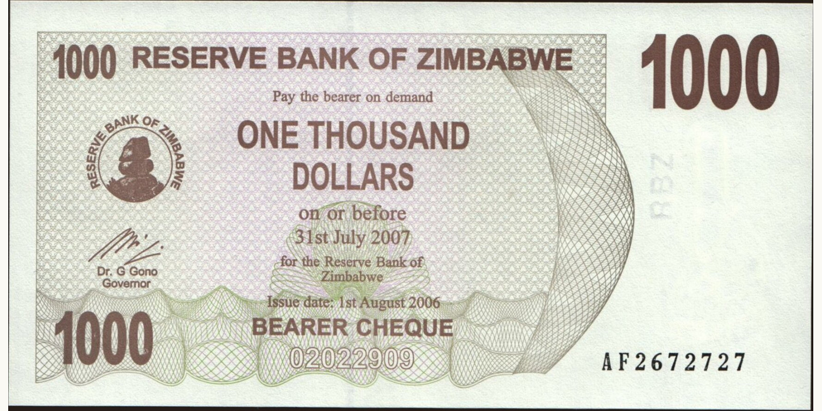 1000 dollars Зимбабве 2006 — Лицевая сторона