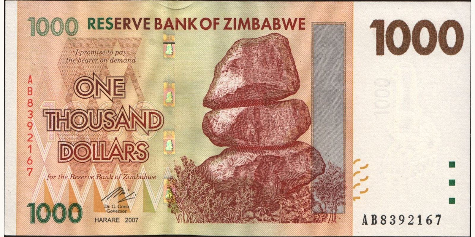 1000 dollars Зимбабве 2007 — Лицевая сторона