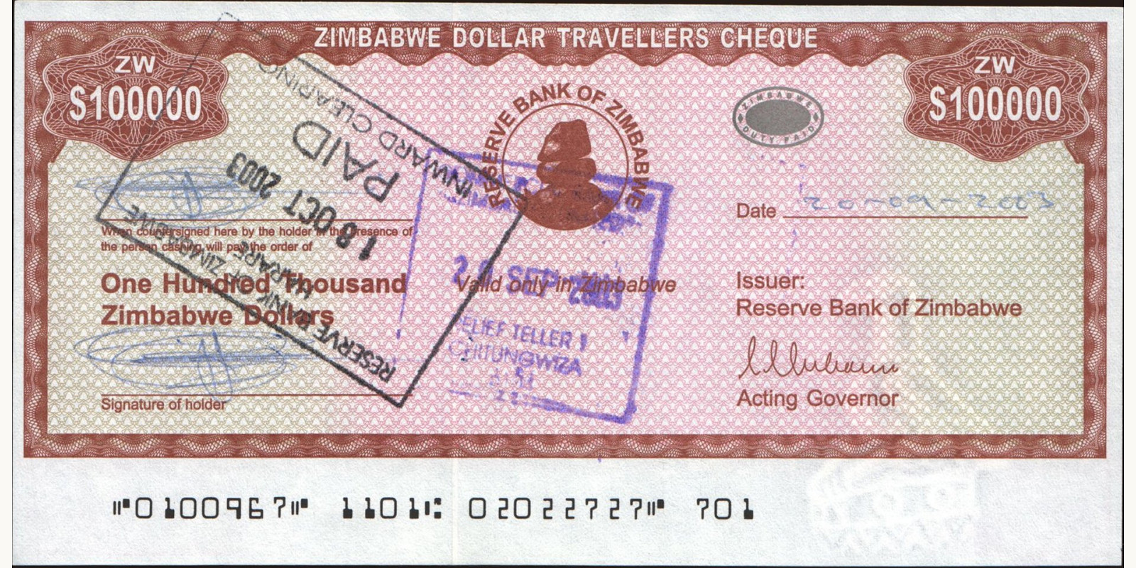 100000 dollars Зимбабве 2003 — Лицевая сторона