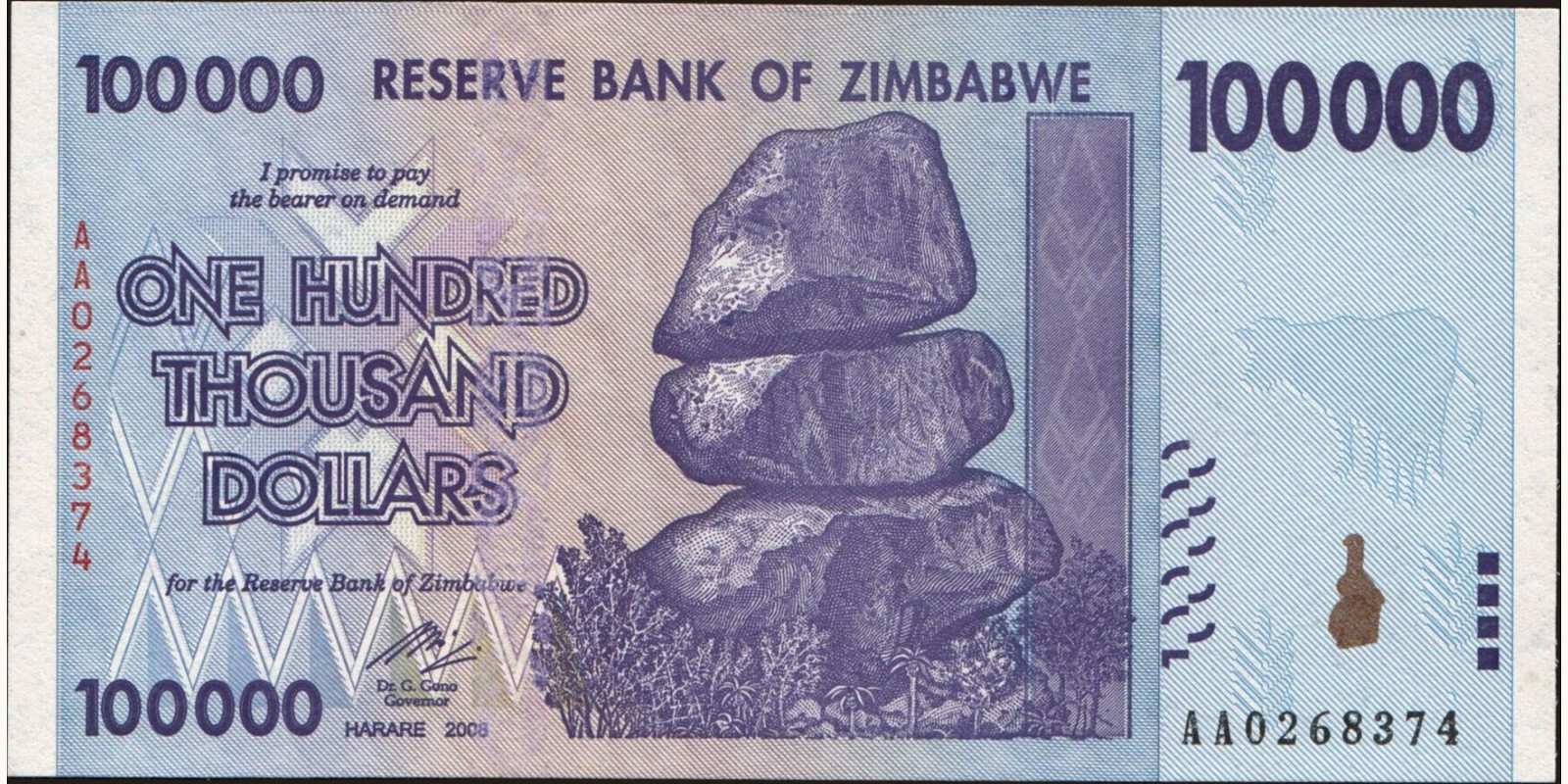 100000 dollars Zimbabwe 2008 — Front side