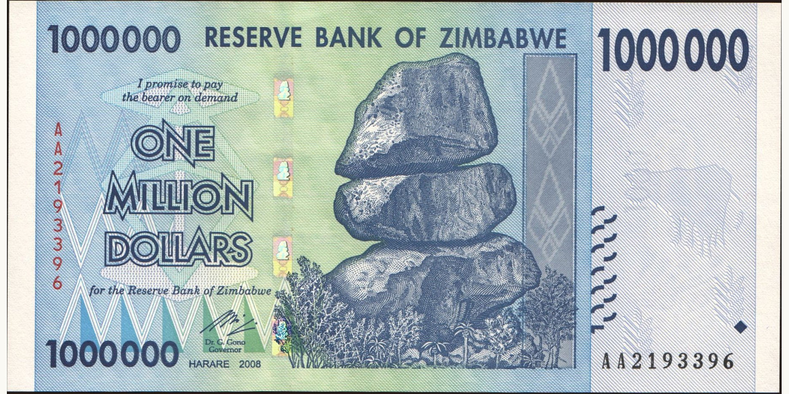 1000000 dollars Zimbabwe 2008 — Front side