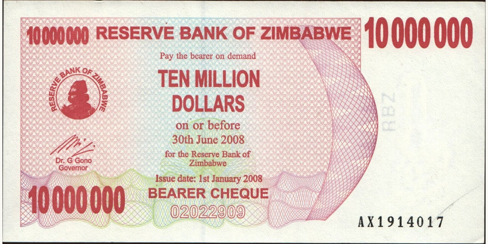 10000000 dollars Зимбабве 2008 — Лицевая сторона