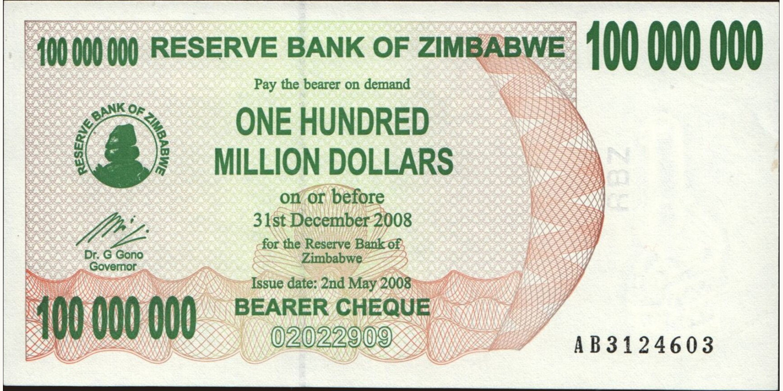 100000000 dollars Зимбабве 2008 — Лицевая сторона
