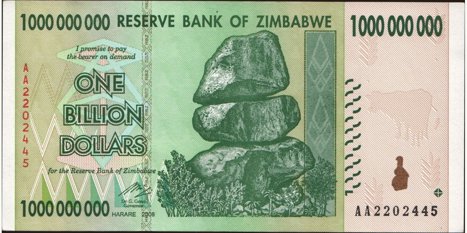 1000000000 dollars Zimbabwe 2008 — Front side