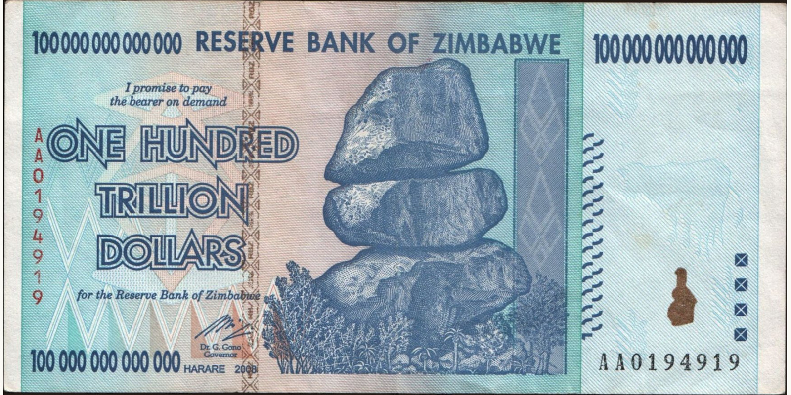 100000000000000 dollars Zimbabwe 2008 — Front side