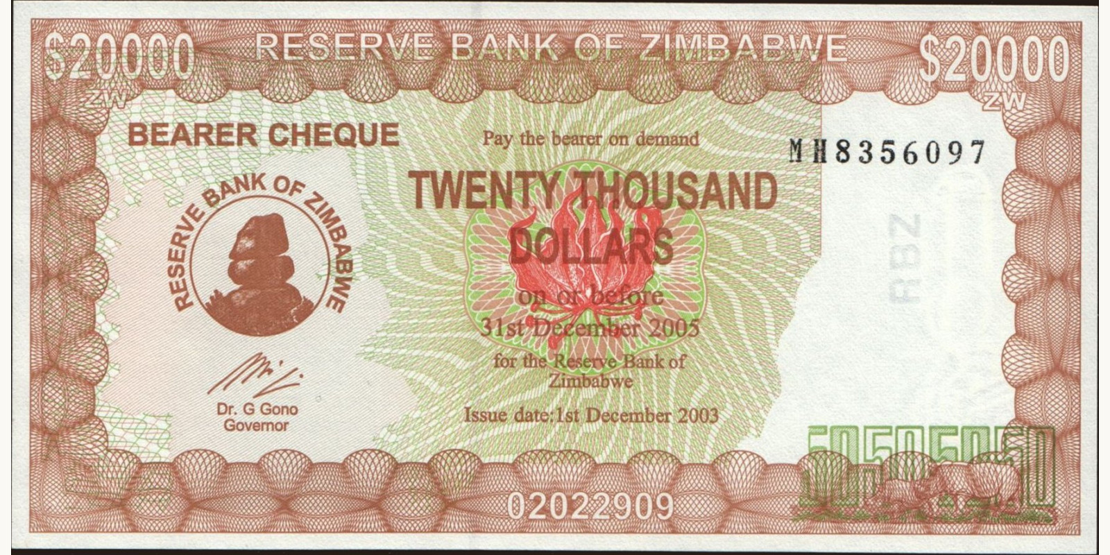 20000 dollars Zimbabwe 2003 — Front side