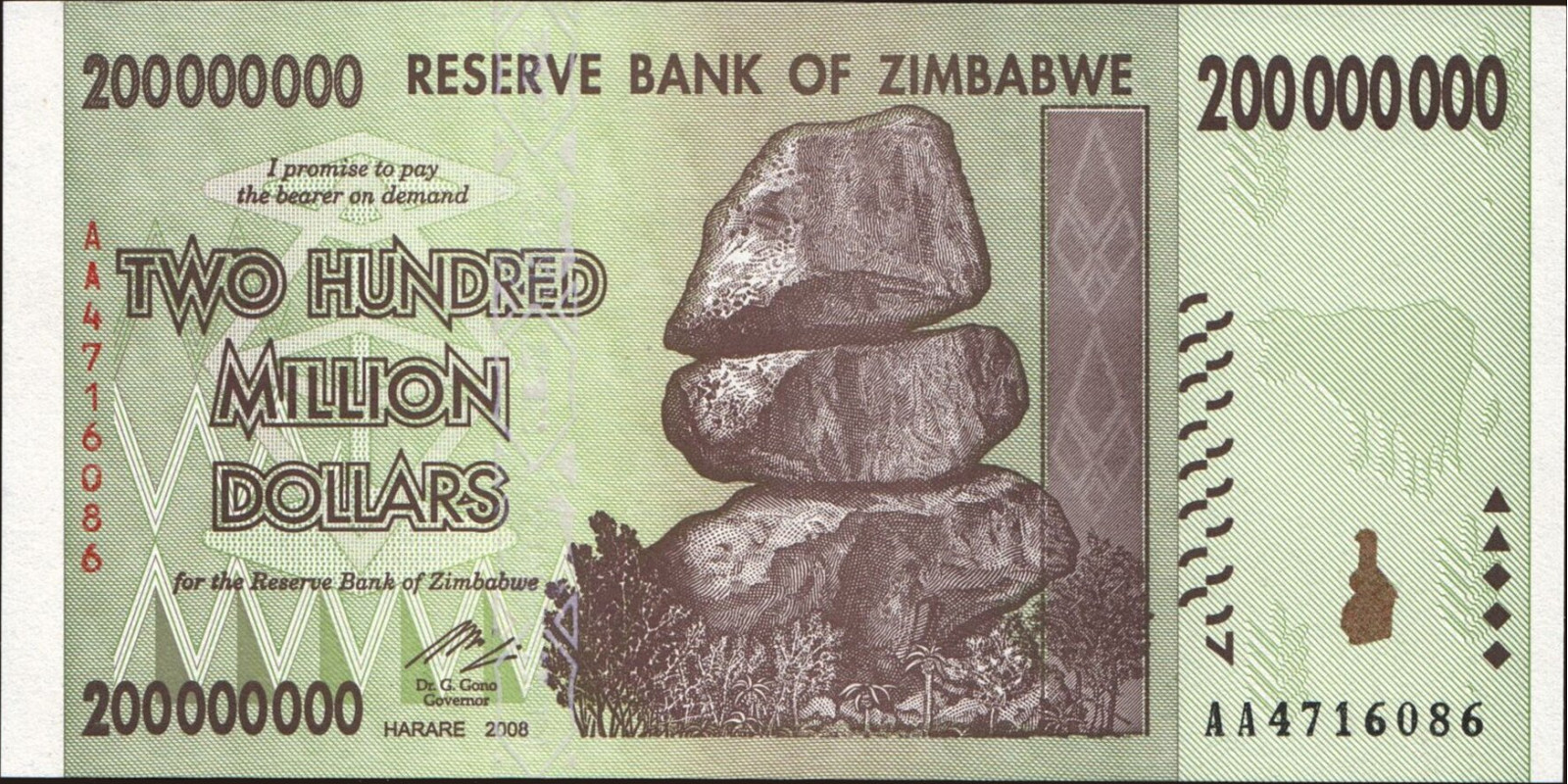 200000000 dollars Zimbabwe 2008 — Front side