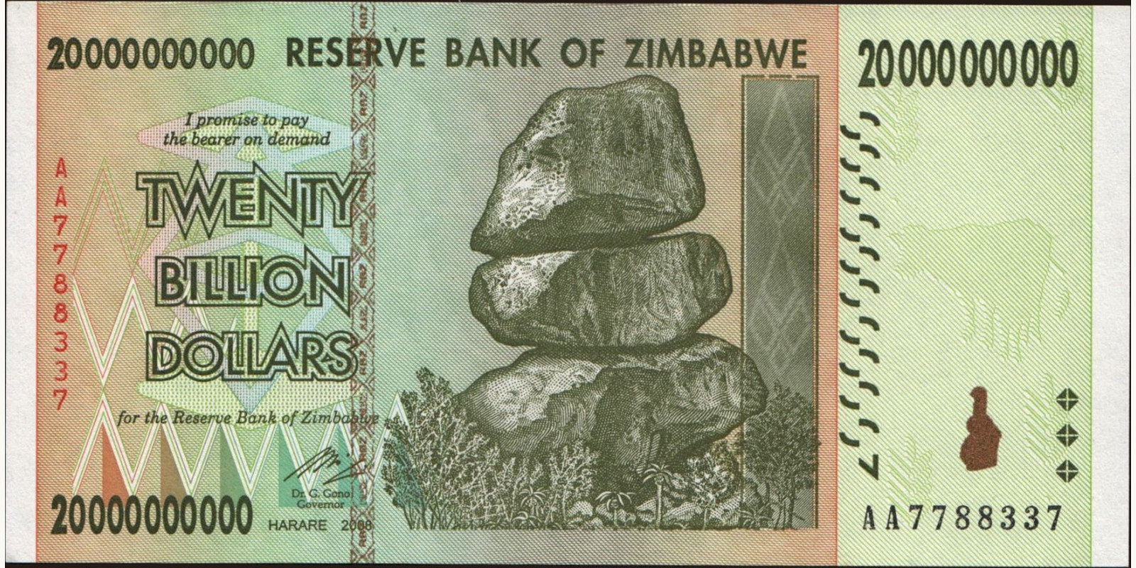 20000000000 dollars Zimbabwe 2008 — Front side