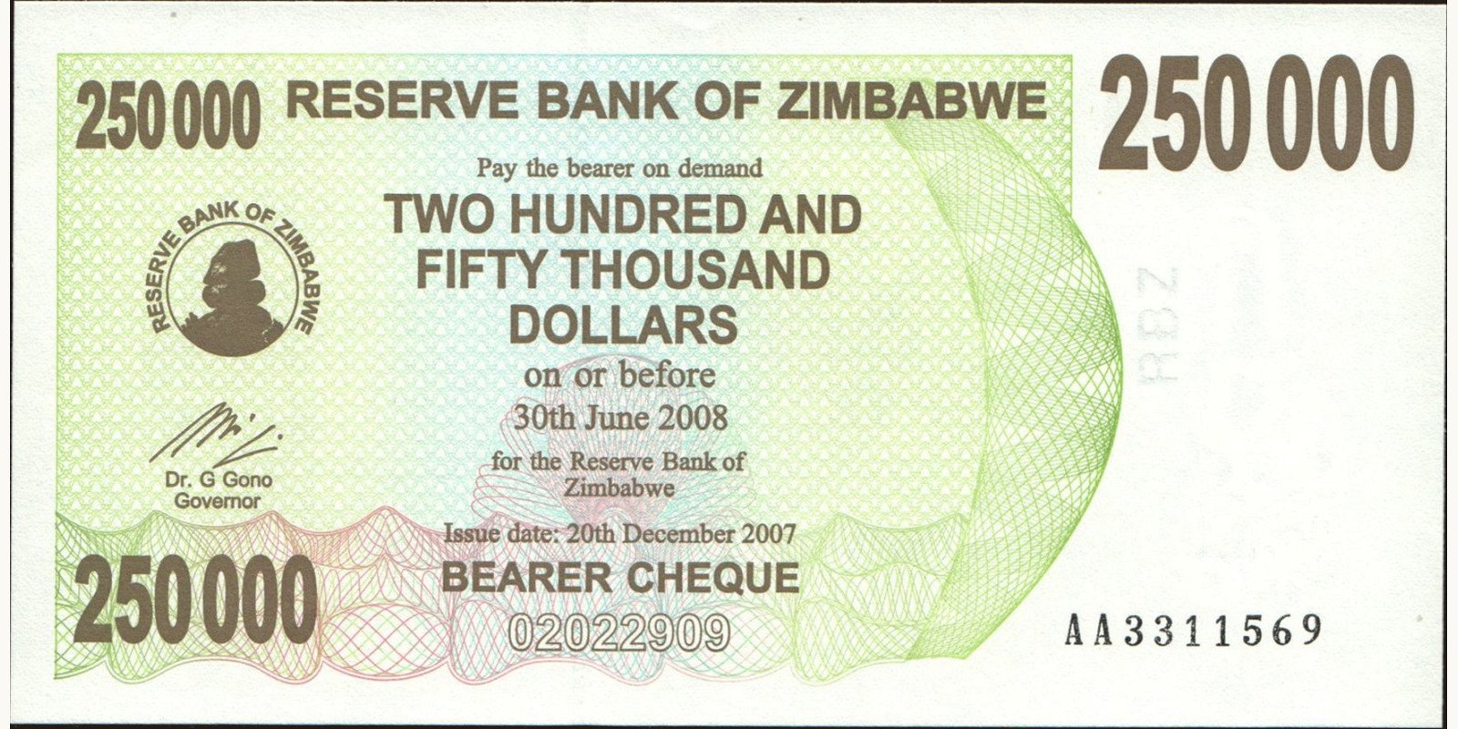 250000 dollars Зимбабве 2007 — Лицевая сторона