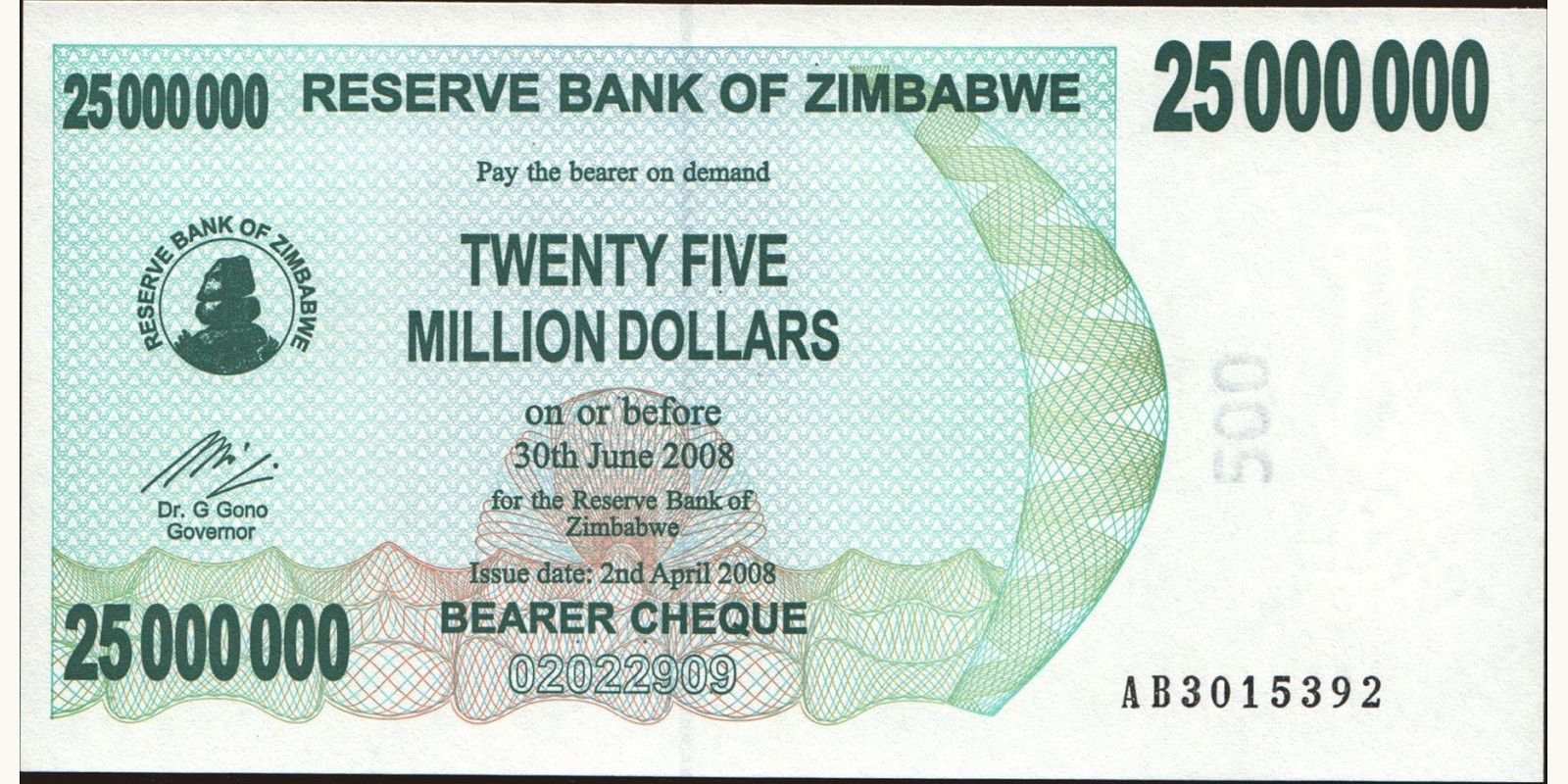 25000000 dollars Zimbabwe 2008 — Front side
