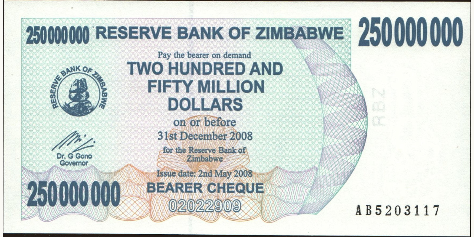 250000000 dollars Zimbabwe 2008 — Front side