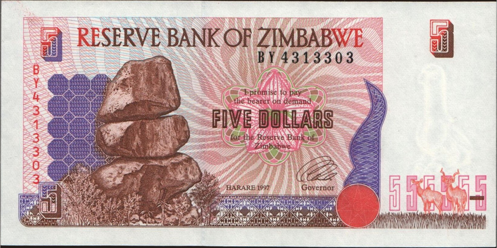 5 dollars Зимбабве 1997 — Лицевая сторона