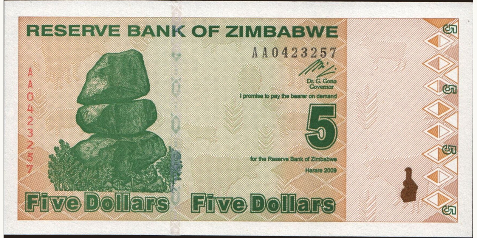 5 dollars Zimbabwe 2009 — Front side