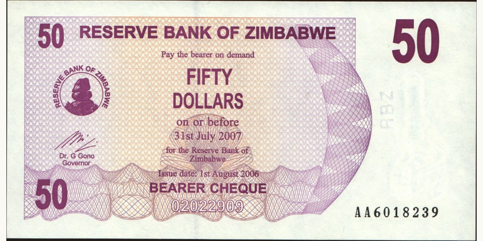 50 dollars Зимбабве 2006 — Лицевая сторона