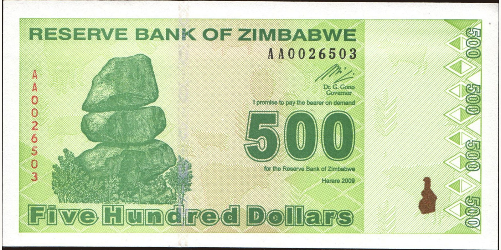 500 dollars Zimbabwe 2009 — Front side