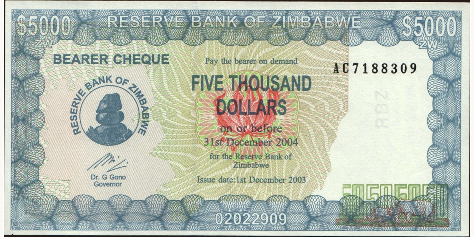 5000 dollars Zimbabwe 2003 — Front side