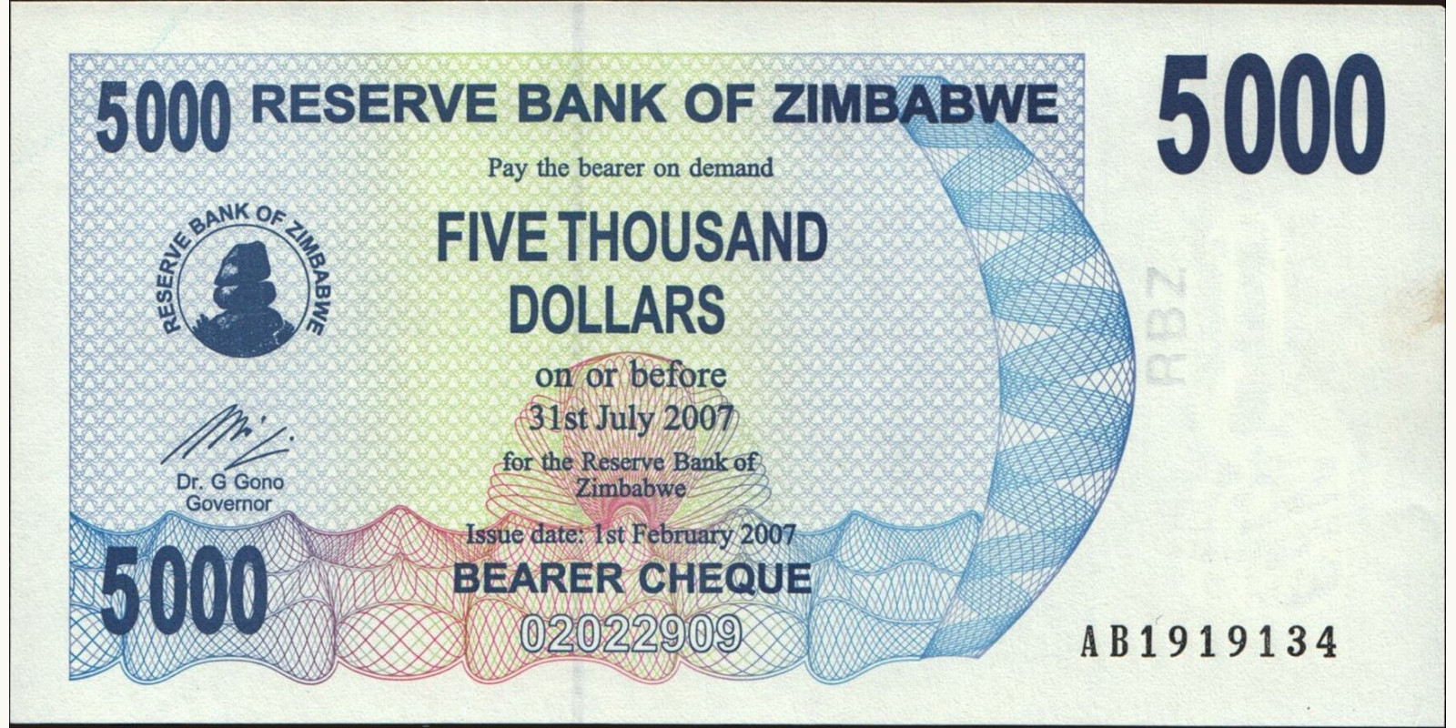 5000 dollars Zimbabwe 2007 — Front side
