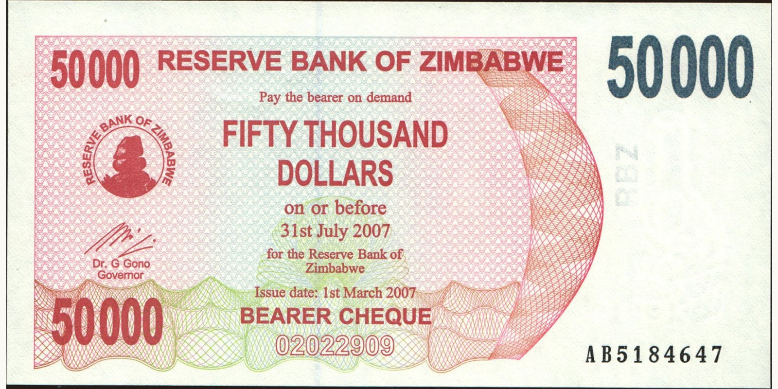50000 dollars Зимбабве 2007 — Лицевая сторона
