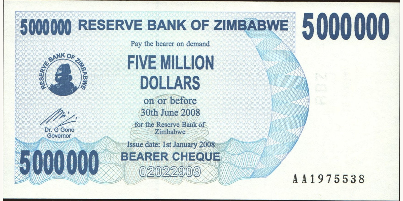 5000000 dollars Zimbabwe 2008 — Front side