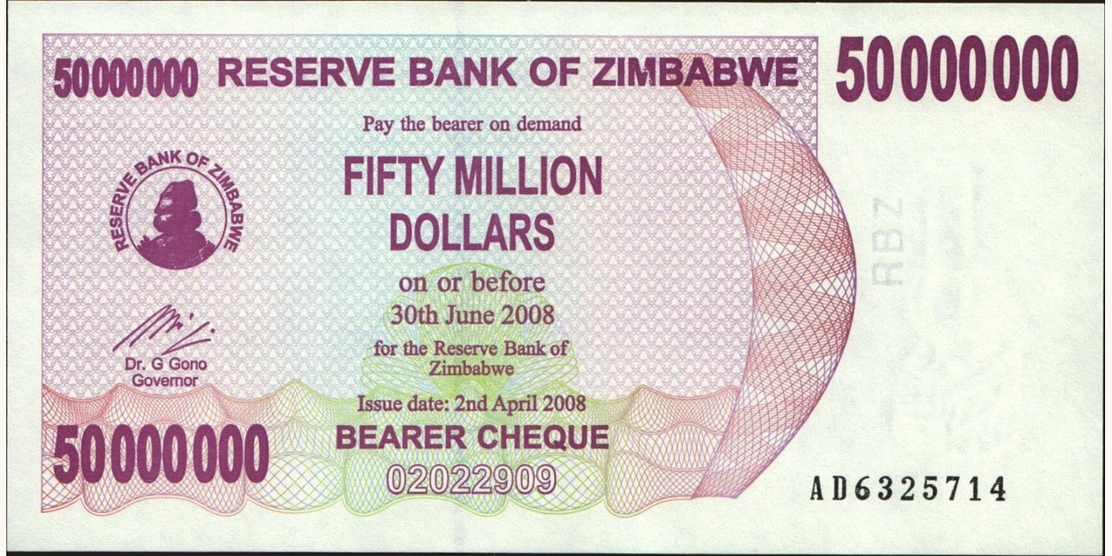 50000000 dollars Zimbabwe 2008 — Front side