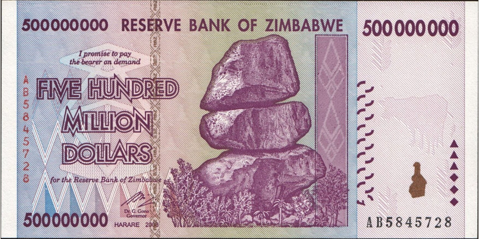 500000000 dollars Zimbabwe 2008 — Front side