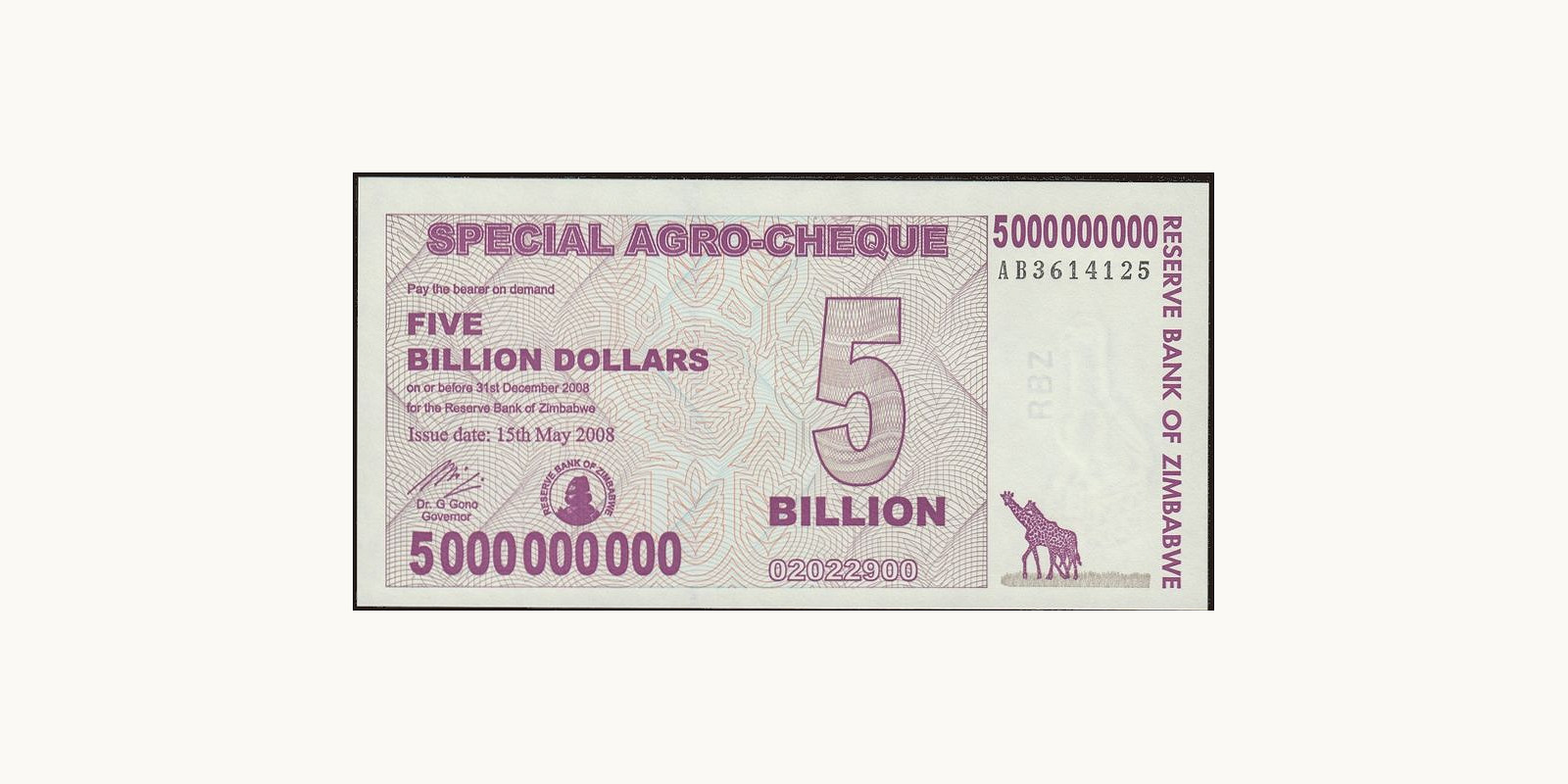 5000000000 dollars Зимбабве 2008 — Лицевая сторона